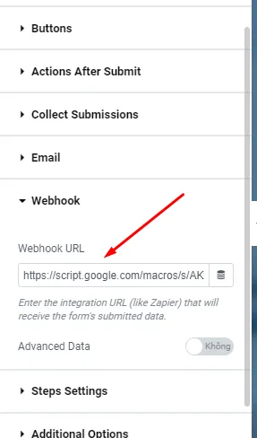 Copy link Web app và paste vào mục Webhook của Elementor form